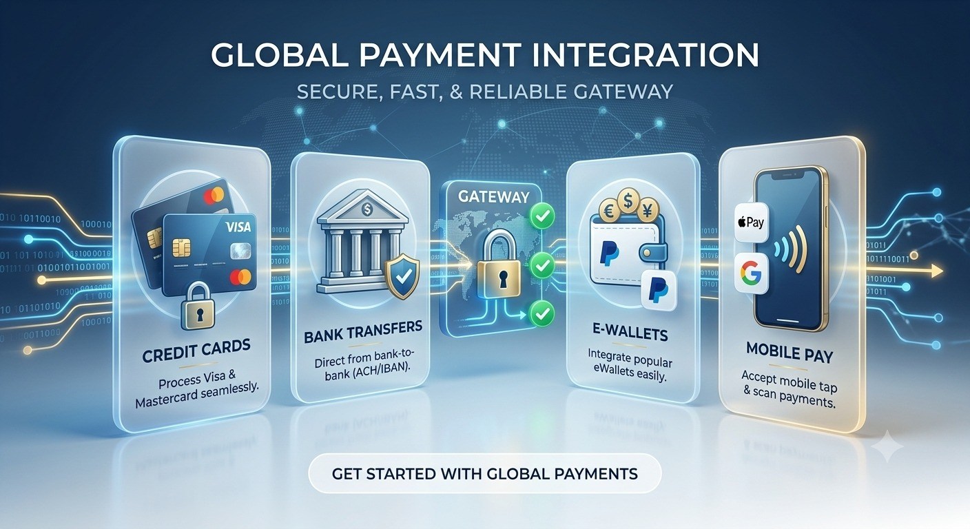 Global Payment Integration — credit cards, local bank transfers, e-wallets and mobile payments